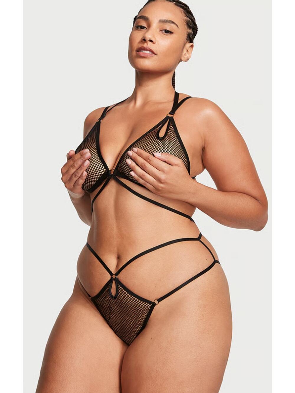 Victorias Secret Fishnet Mesh Unlined Strappy Teddy Womens Size Medium Black New